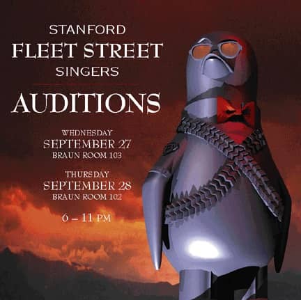 Join Fleet Street! Audition poster featuring dramatic medieval knight imagery for Fall 1995 recruitment